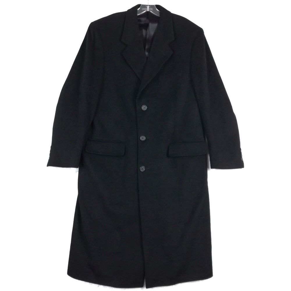 Marshall Fields Mens‎ Trench Coat Black Single Breasted Wool Blend 42